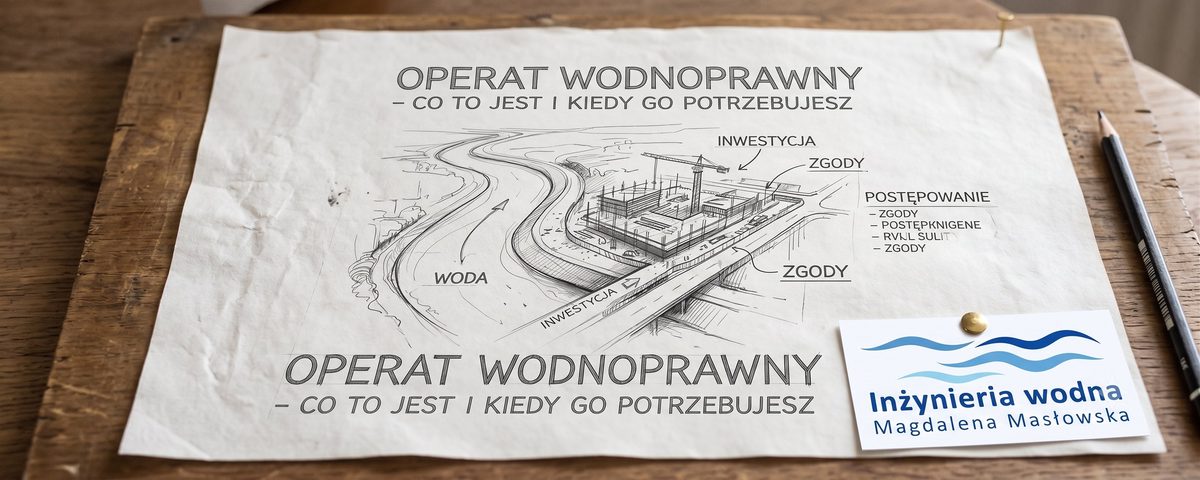 Operat wodnoprawny — szkic inwestycji nad wodą z zaznaczonymi zgodami i postępowaniem