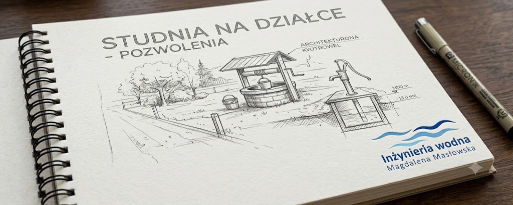 Studnia na działce — szkic ujęcia wody z zaznaczoną głębokością i pompą